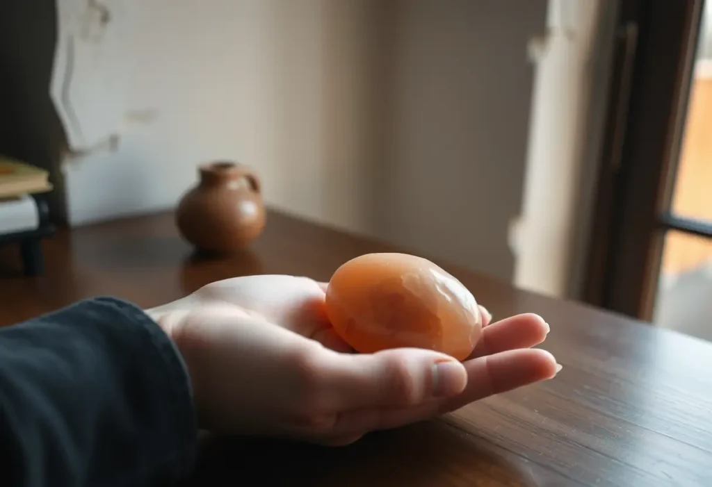 Une main féminine tient délicatement une pierre rose sur un bureau en bois, lumière naturelle mettant en valeur sa douceur
