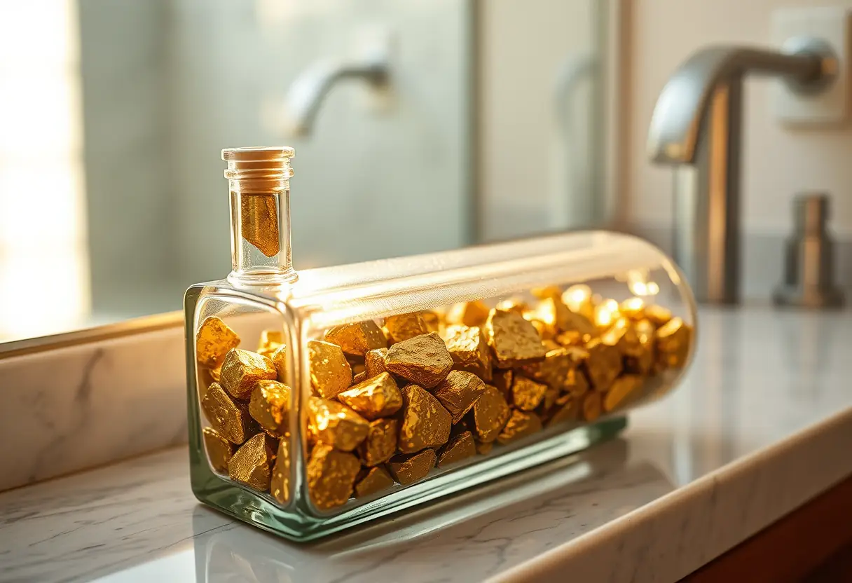 Un bocal en verre contenant des pierres pyrite dorées sur un meuble de salle de bains, éclairé par la lumière du matin