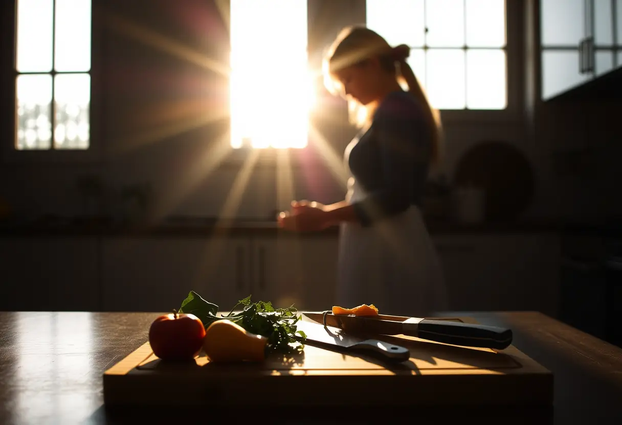 Silhouette d'une femme dans une cuisine, lumière du jour qui tombe sur un plan de travail avec un couteau et des légumes