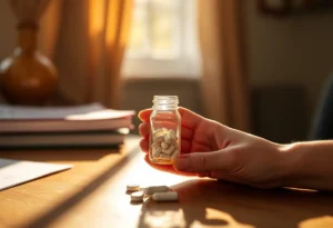 Une main féminine tient un petit flacon de pilules sur un bureau en bois, symbolisant l'espoir et le soutien pour les femmes atteintes d'endométriose.