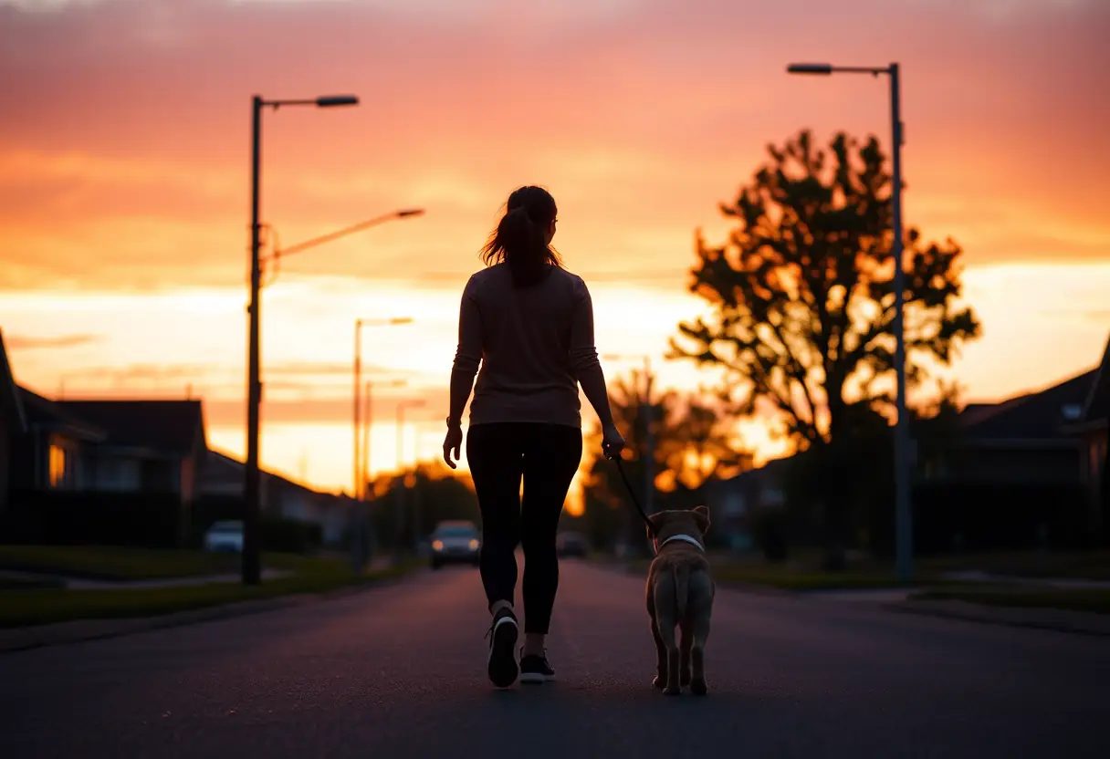 Un profil d’une femme promenant son chien au crépuscule dans un quartier résidentiel calme
