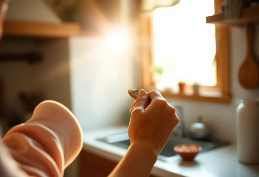 Une main féminine tient délicatement une cuillère en bois dans une cuisine accueillante, baignée de lumière naturelle.