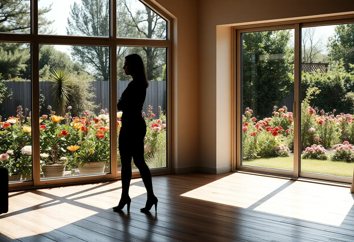 Un profil d’une femme se trouve près d’une fenêtre donnant sur un jardin fleuri, baigné de lumière naturelle.