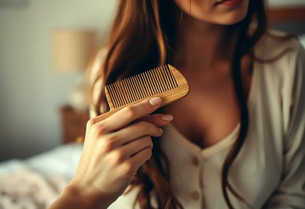 Une main féminine tient un peigne en bois, brossant des cheveux longs dans une chambre accueillante, favorisant la bien-être personnel
