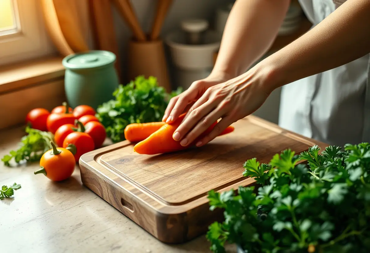 Un plan de travail en bois garni de légumes frais dans une cuisine, une main coupe une carotte, lumière naturelle douce