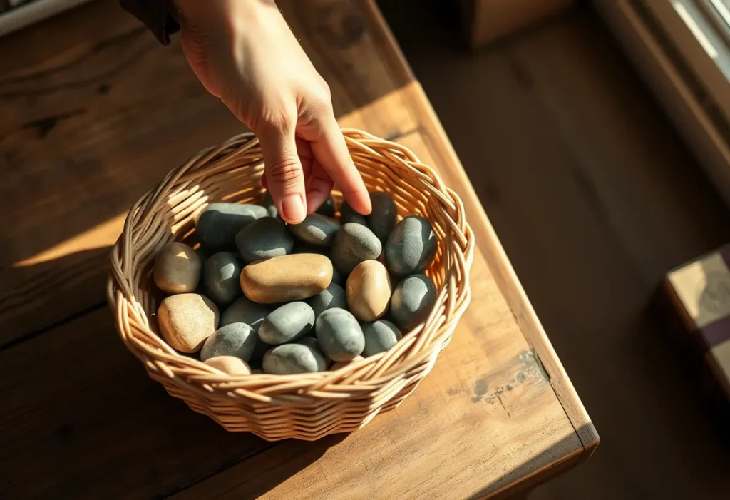 Une main plonge dans un panier tressé contenant des pierres lisses, symboles de croissance personnelle.