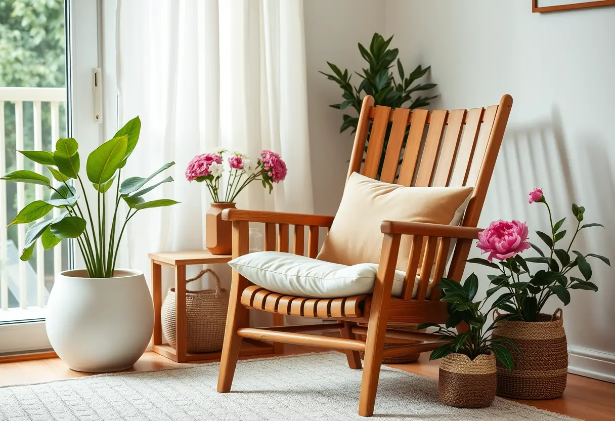 Un fauteuil dans un salon accueillant, ses coussins confortables, entouré de plantes vertes et de fleurs, illustrant le bien-être personnel.
