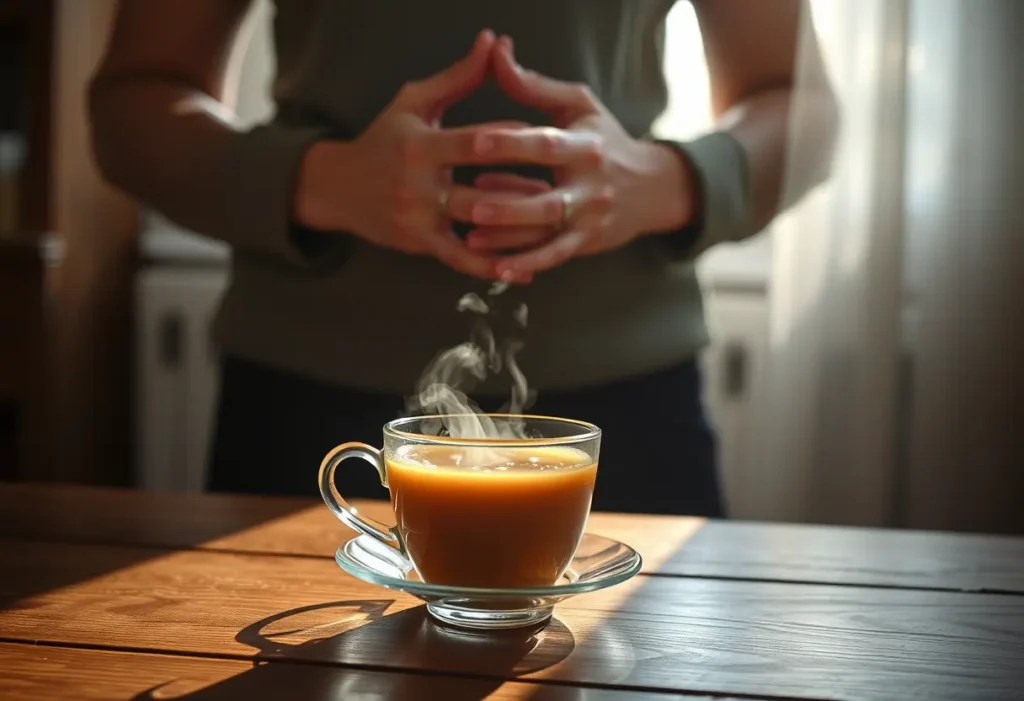 Tasse de thé chaud sur une table avec des mains jointes derrière