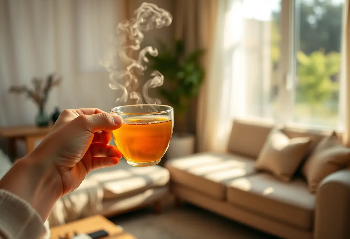 Une main tient une tasse d’infusion chaude dans une pièce accueillante, lumière naturelle