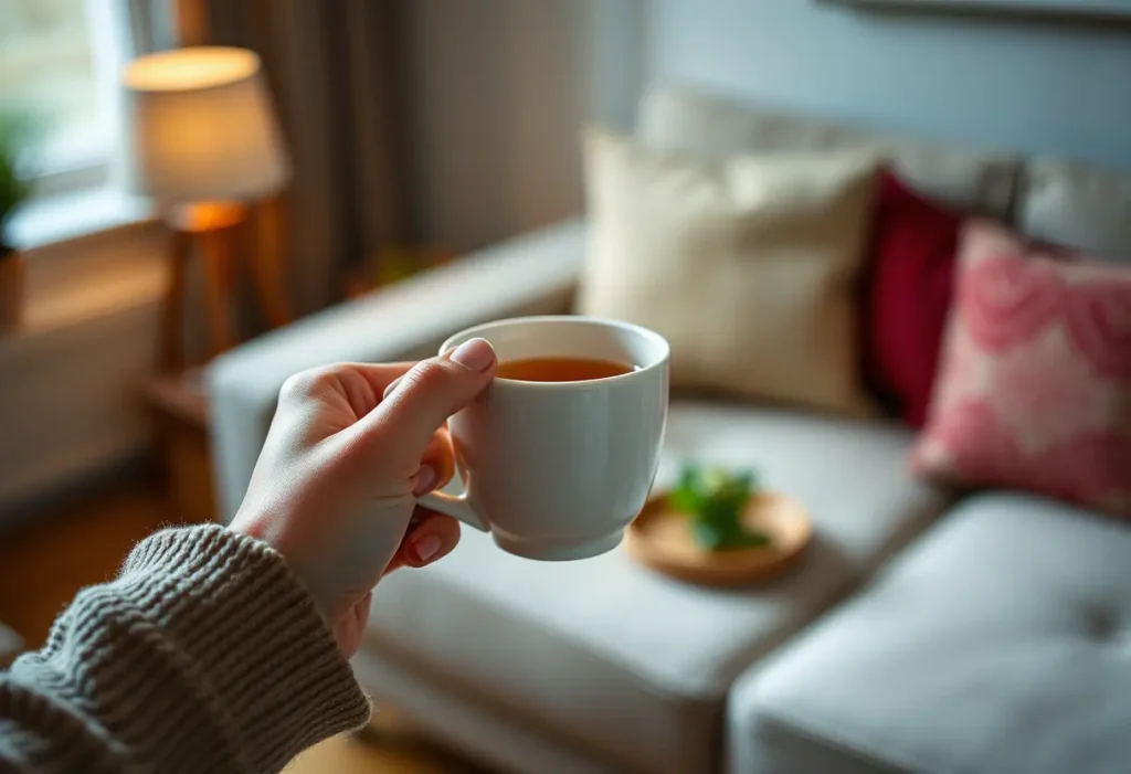 Une main féminine tient une tasse de thé chaud dans un salon accueillant, éclairée par une lampe proche.