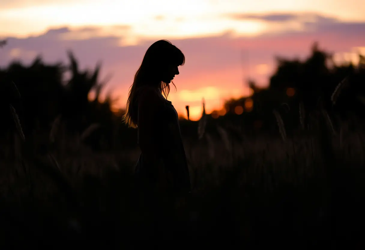 Un profil de femme se détache dans un jardin au crépuscule, entourée de hautes herbes et de fleurs sauvages.