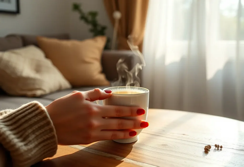 Une main féminine tenant une tasse de thé chaud dans un salon accueillant, évoquant bien-être et sérénité