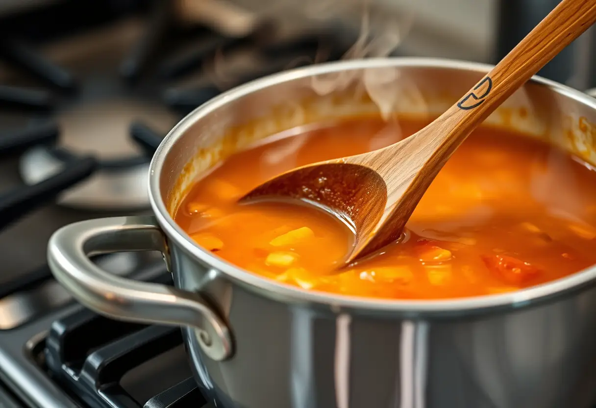 Une cuillère en bois remuant une marmite de soupe chaude dans une cuisine, évoquant chaleur et bien-être émotionnel