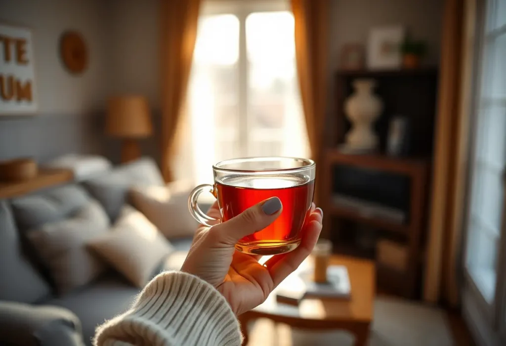 Une main tenant une tasse de thé chaud dans un salon accueillant, symbolisant le confort et la douceur