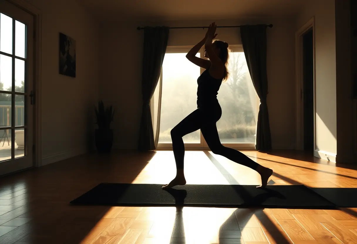 Un profil d'une femme en train de faire du yoga dans sa maison, évoquant la conscience de soi et le soin de soi