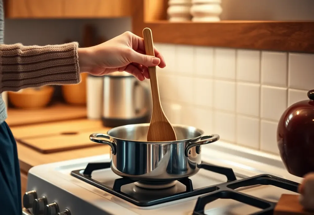 Une main féminine tenant une cuillère en bois au-dessus d'une casserole sur un fourneau dans une cuisine accueillante, éclairée naturellement
