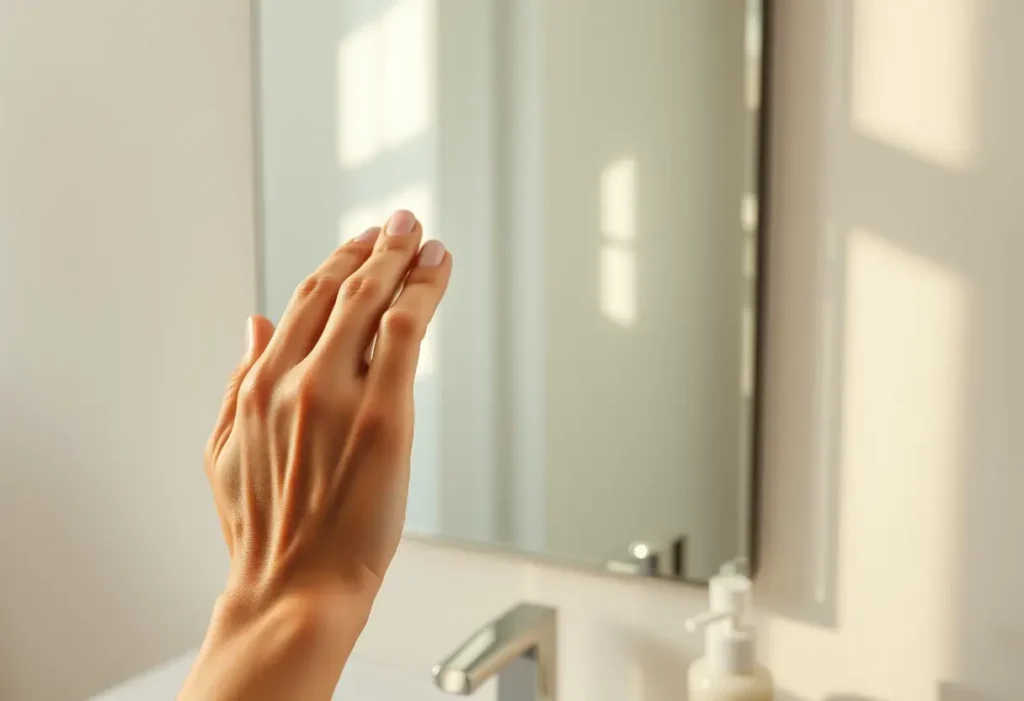 Main de femme appliquant un hydratant sur son visage devant un lavabo, acné hormonale