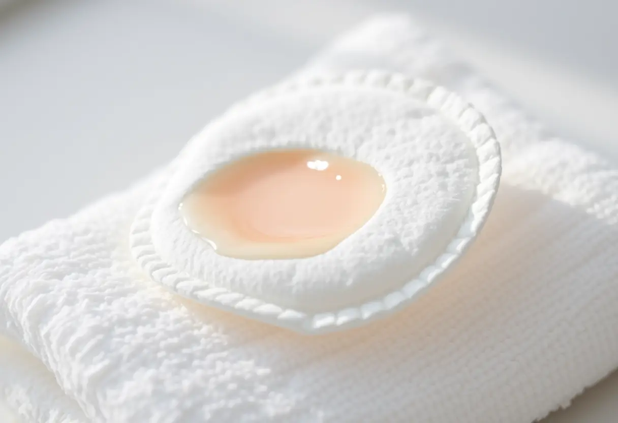 Mousseline humide posée sur un gant de toilette blanc, routine peau apaisée