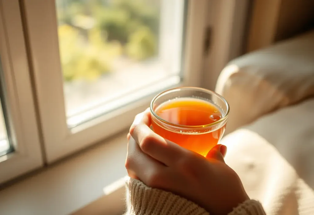 Une main féminine tenant une tasse de thé chaud, symbolisant le réconfort et la douceur.