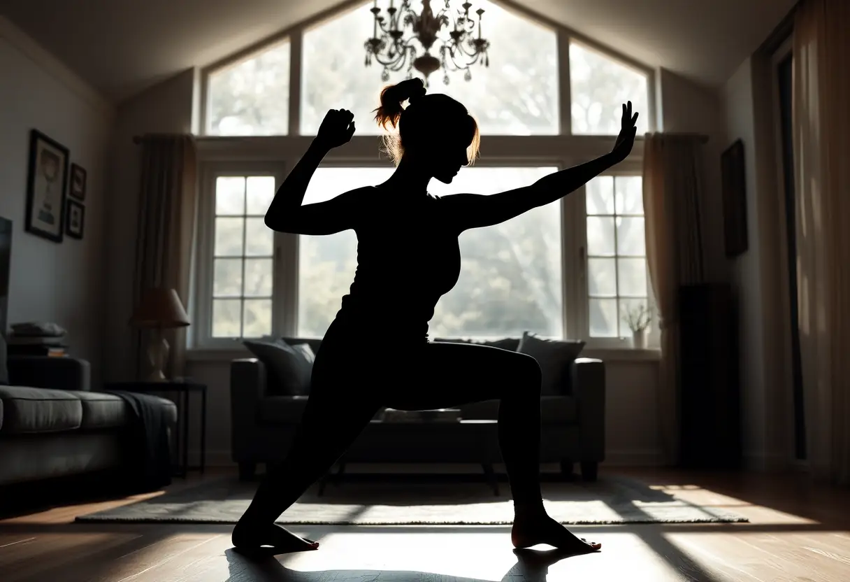 Un profil de femme s’étirant dans un salon baigné de lumière naturelle, mettant en avant l’importance du mouvement.