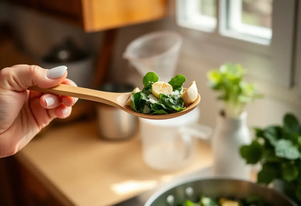 Main de femme tenant une cuillère en bois pleine de betteraves et d'oignons pour améliorer la circulation
