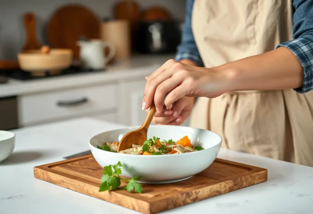 Une main féminine tient une cuillère en bois pendant la préparation d'un repas sain.