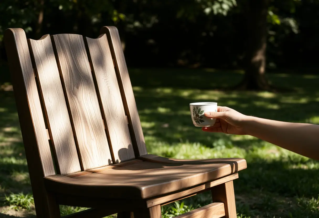 Chaise de jardin et main tenant une tasse de thé, doux matin, bien-être féminin