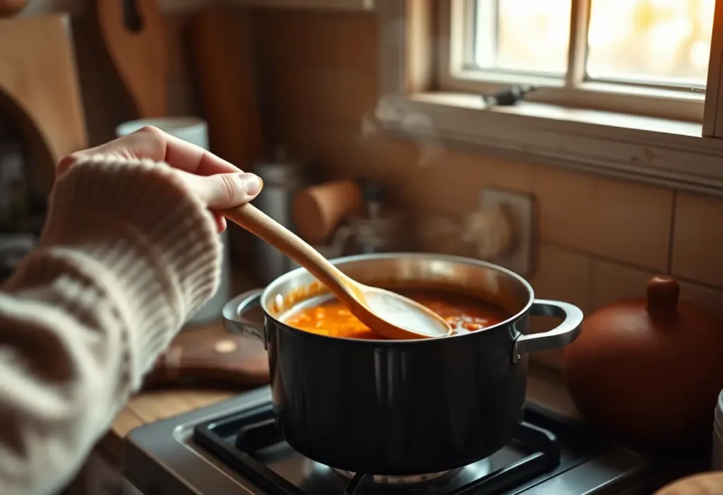 Une main féminine tenant une cuillère en bois au-dessus d’une marmite mijotant, dans une cuisine accueillante, doux rappel de bien-être.