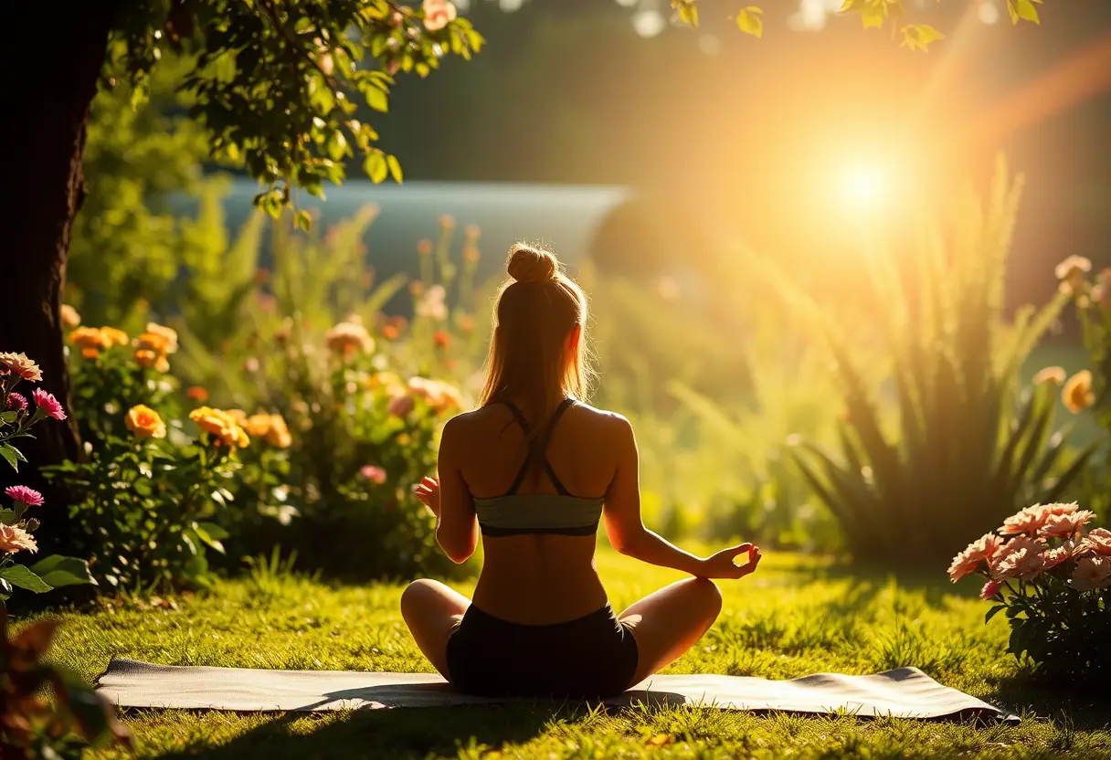 Silhouette d'une femme méditant sur un tapis de yoga en plein soleil, entourée de fleurs et de verdure, symbole de paix intérieure et de renouvellement.
