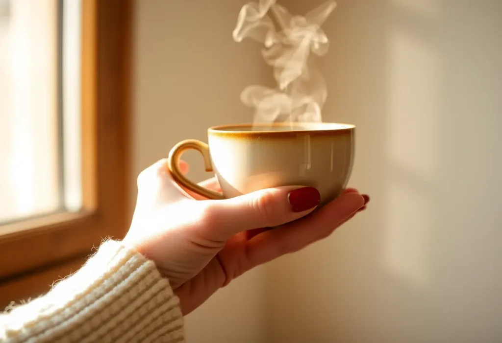 Une main féminine tient une tasse de céramique, la lumière du matin filtre, apportant chaleur et confort