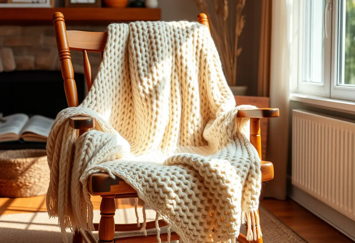 Un fauteuil recouvert d'une couverture tricotée dans une pièce accueillante, la lumière du soleil met en valeur sa douceur et son aspect