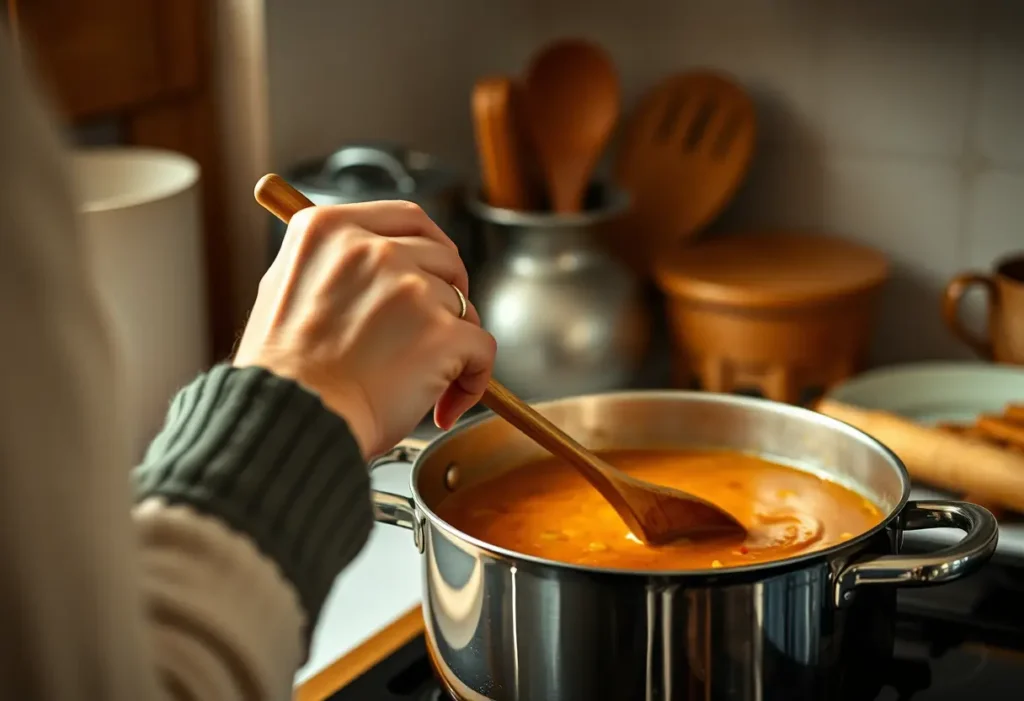 Une main féminine tient une cuillère en bois dans une cuisine accueillante, symbolisant la cuisine maison pour le bien-être.
