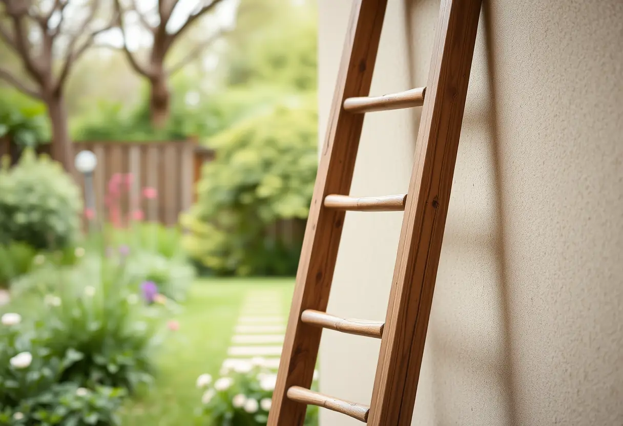 Une échelle en bois dans un jardin apaisant, symbole des progrès constants vers la récupération et l'acceptation de soi.