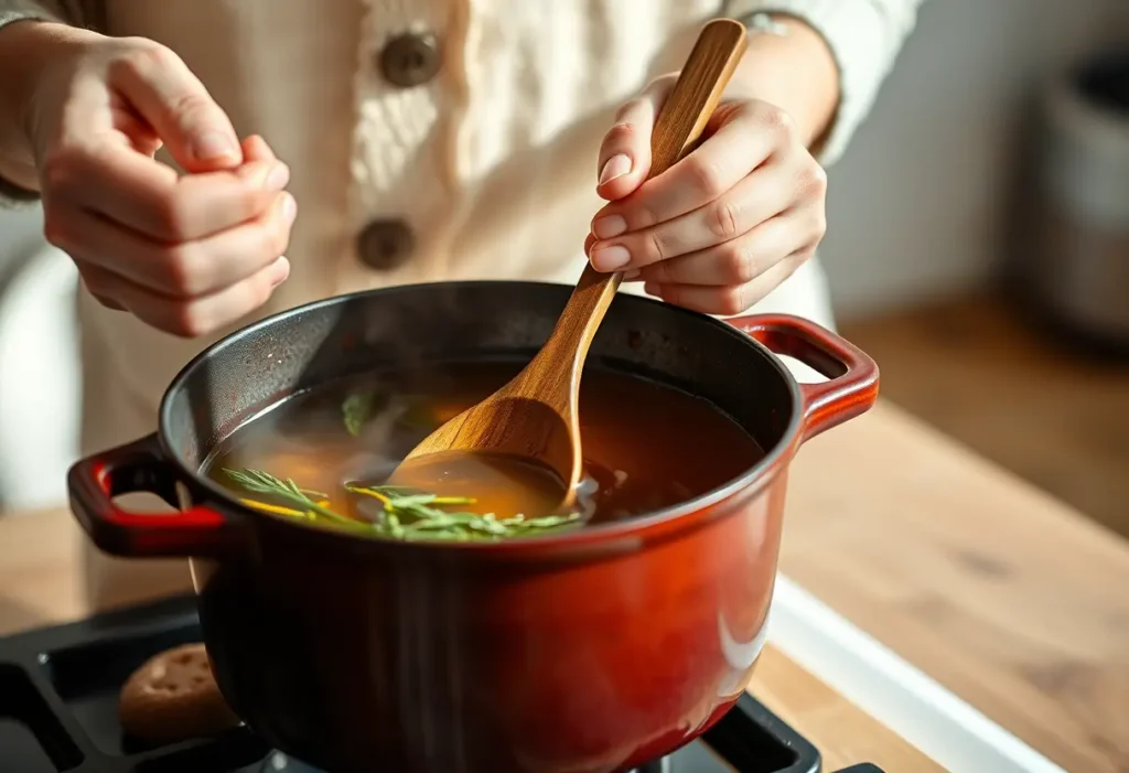Une main remue délicatement une cuillère dans une marmite, symbolisant le réconfort et la guérison
