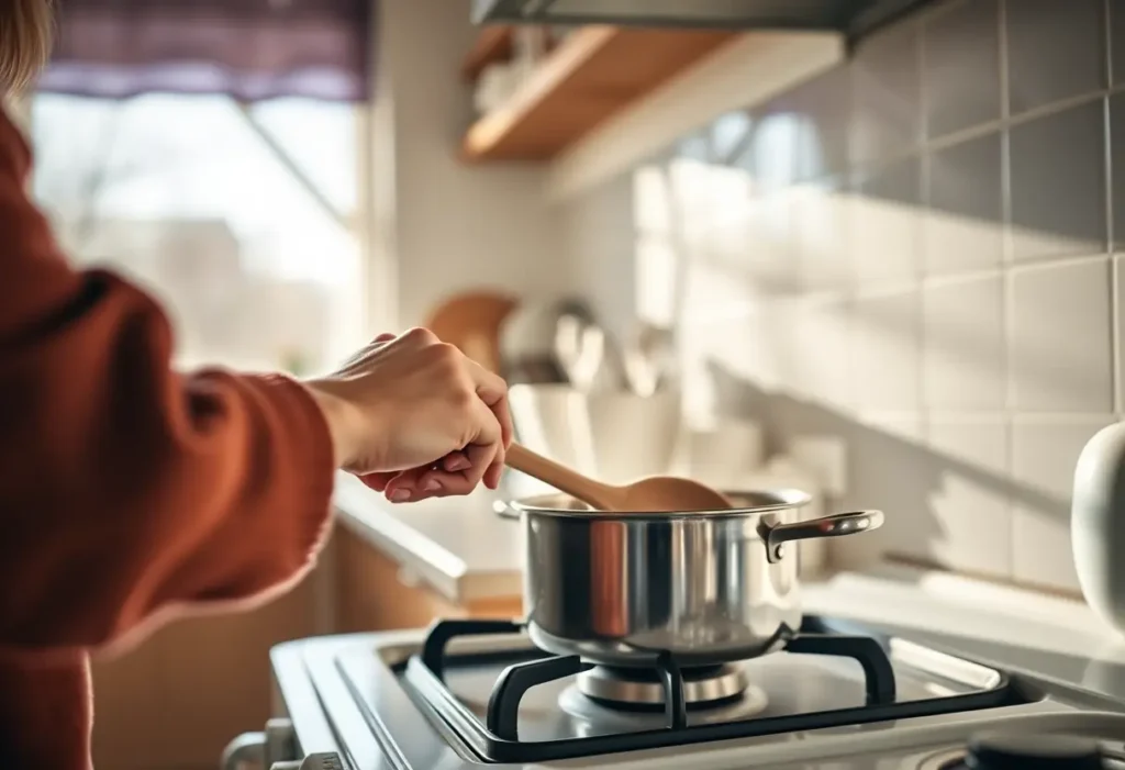 Une main féminine tient une cuillère en bois dans une cuisine accueillante, la lumière du matin éclaire doucement l’espace