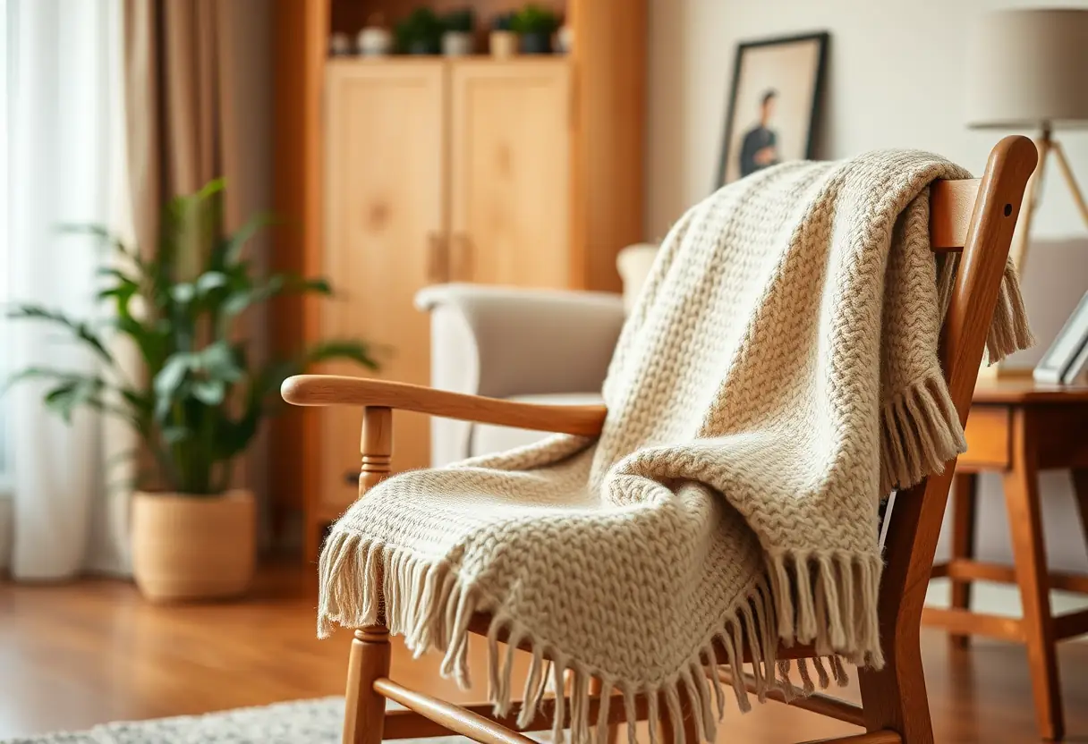 Un fauteuil recouvert d'une couverture en laine se trouve dans un salon, représentant chaleur et confort lors des périodes de transition.