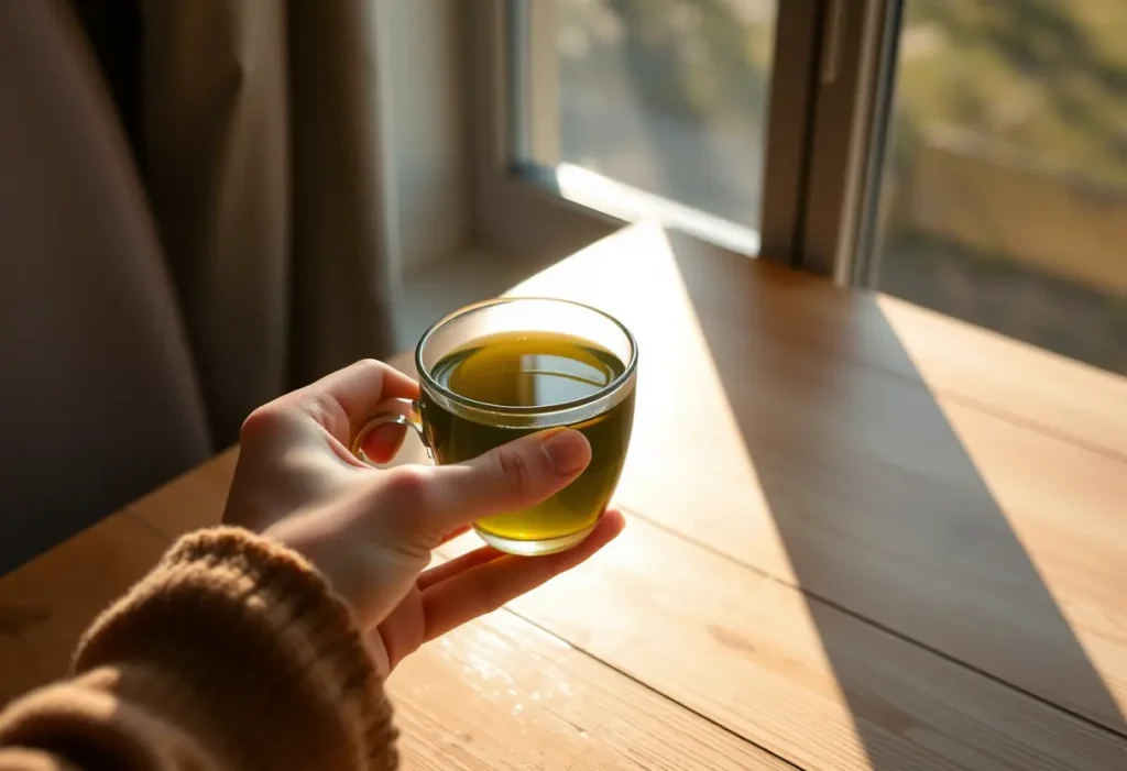 Une main tenant une tasse de thé vert, éclairée par la lumière du matin qui filtre à travers une fenêtre