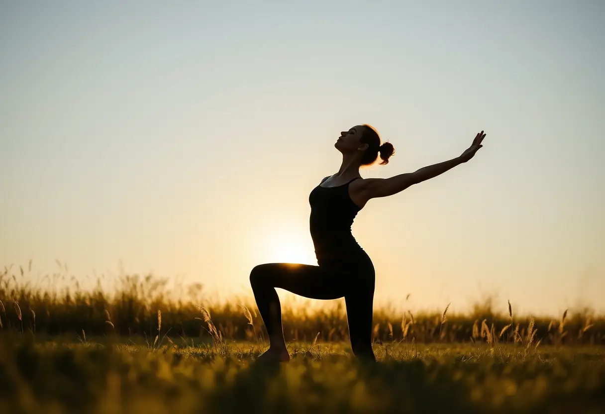 Un profil d'une femme pratiquant le yoga en plein air, le soleil couchant projette des ombres sur la prairie