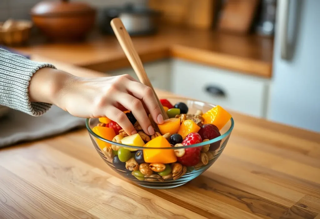 Main de femme dans une cuisine préparant une mixture nutritive