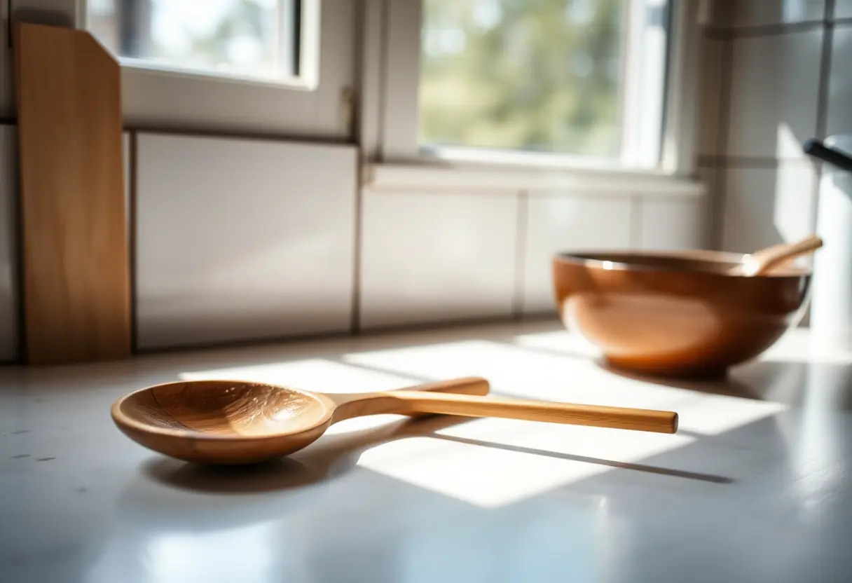 Cuillère en bois sur comptoir de cuisine