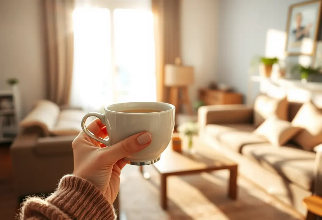 Une main tenant une tasse de thé chaud dans un salon accueillant
