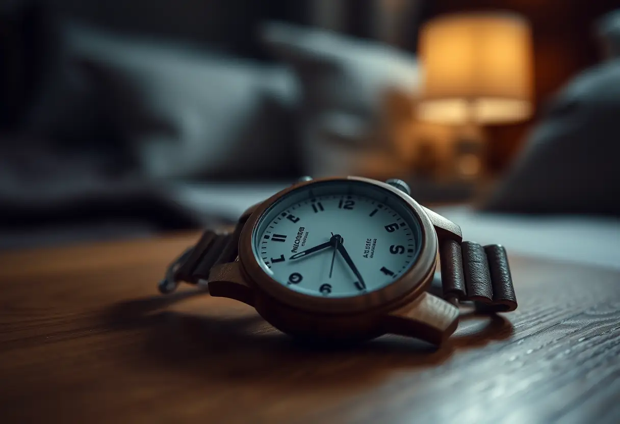 Un cadran horaire posé sur une table de nuit dans une chambre sombre