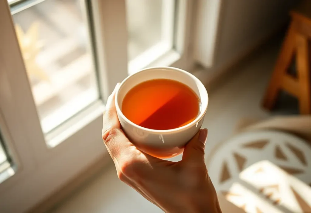 Une main tenant une tasse de thé aux herbes, symbolisant le bien-être et l'auto-soin.