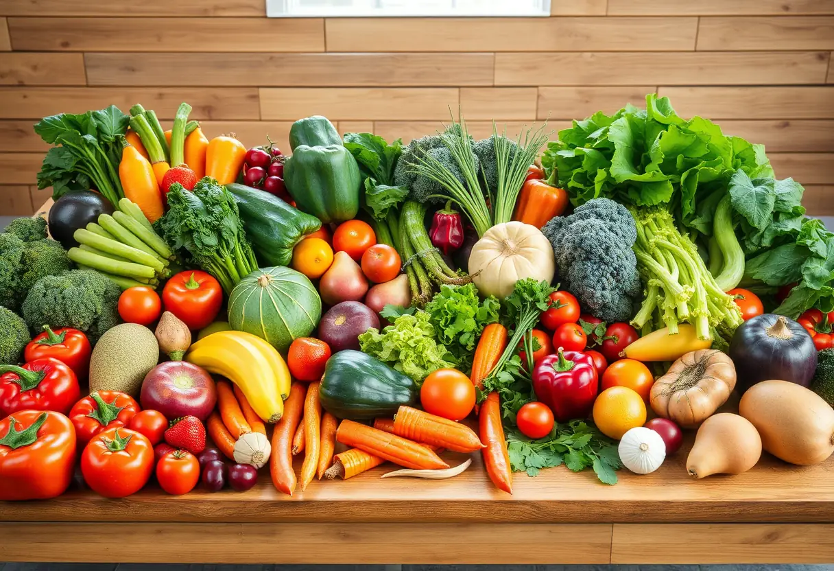 Un grand plateau couvert de légumes et de fruits frais, illustrant l’importance d’une alimentation équilibrée.