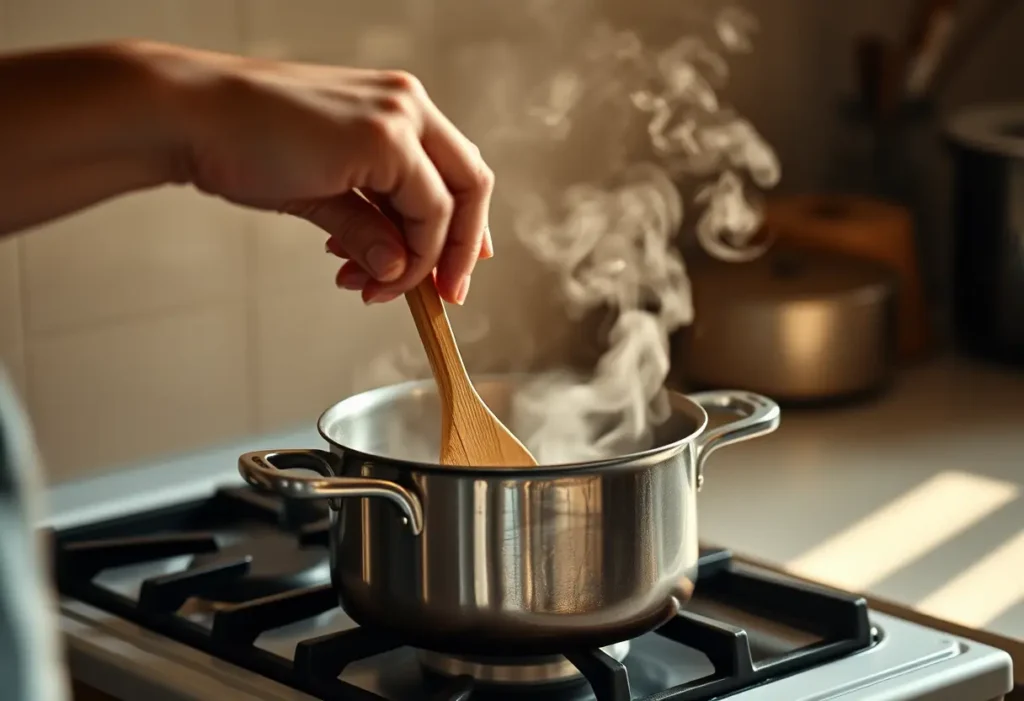 Une main féminine tenant une cuillère en bois au-dessus d'une casserole, symbolisant la sérénité de la vie quotidienne.