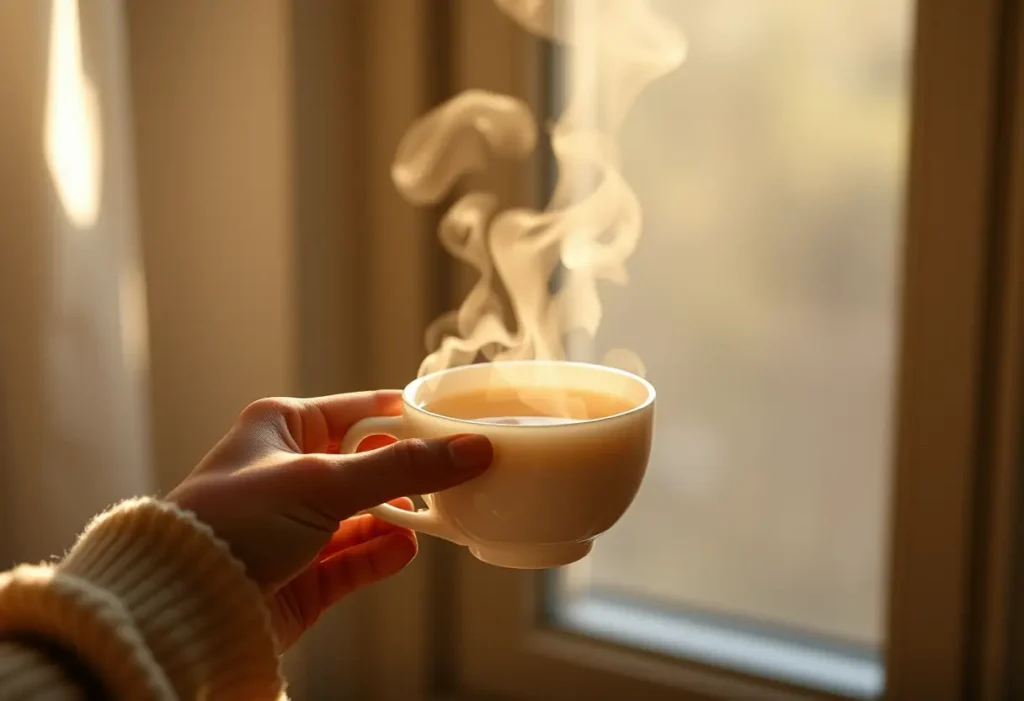 Une main féminine tient une tasse de thé, réchauffant les esprits