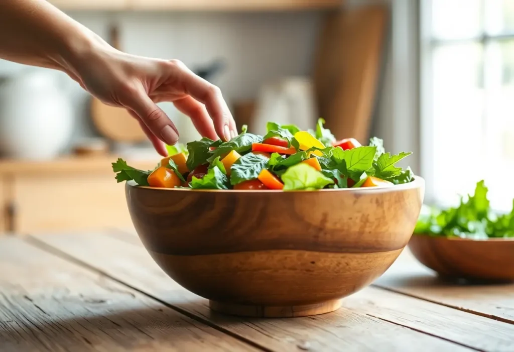 Une main féminine pose délicatement un bol en bois rempli de légumes colorés sur une table de cuisine rustique. Bien-être et alimentation saine.