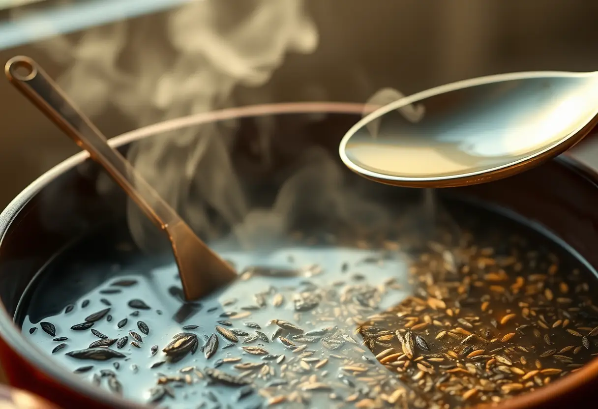 Une cuillère métallique remue une marmite en céramique remplie d'une tisane chaude. Bien-être et auto-acceptation.