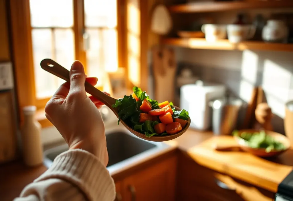 Maindish d'égales parts de légumes cuits, dans une cuisine chaude