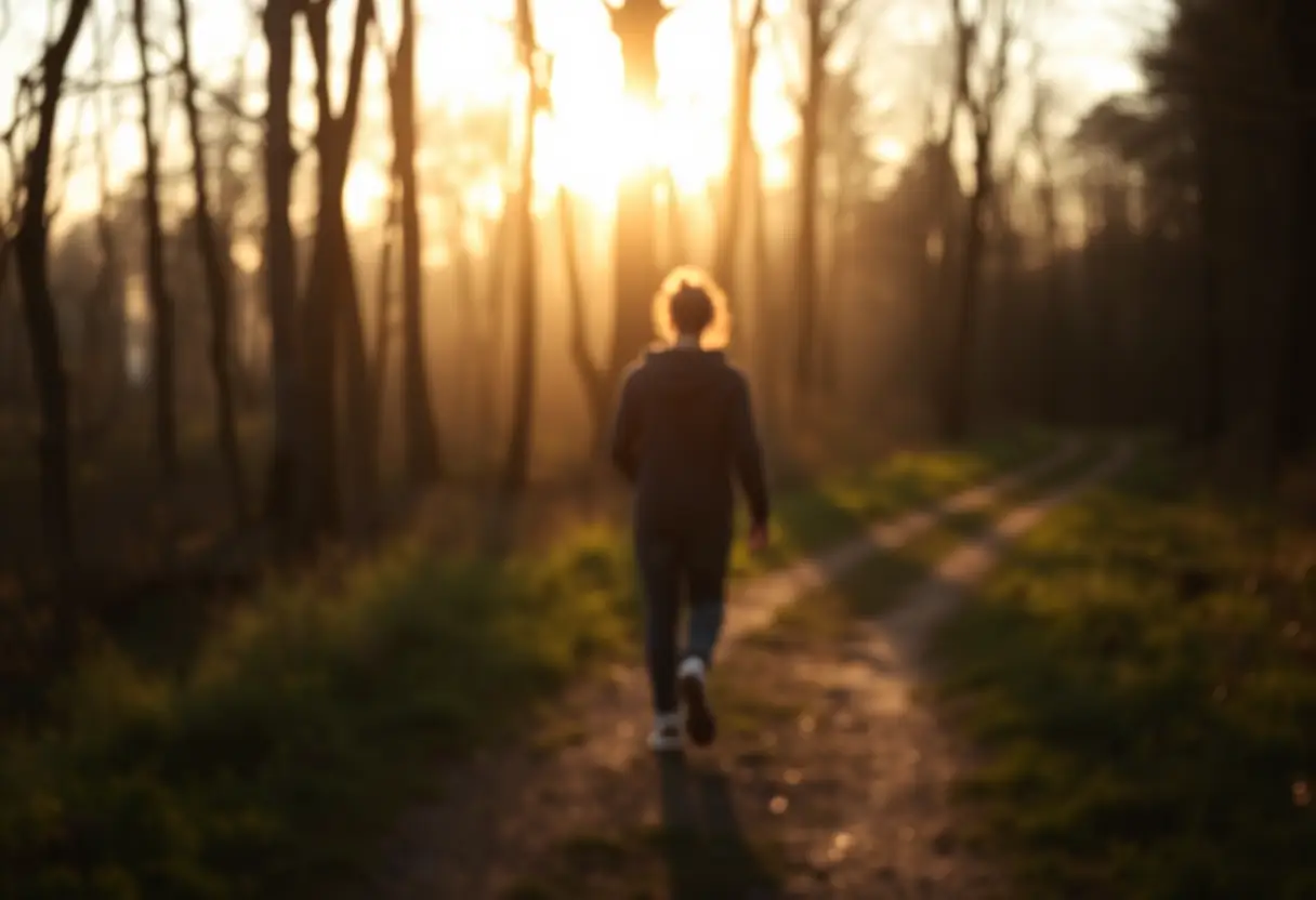 Un silhouetté marche dans un bois au lever du jour, représentant l'harmonie entre l'être humain et la nature.